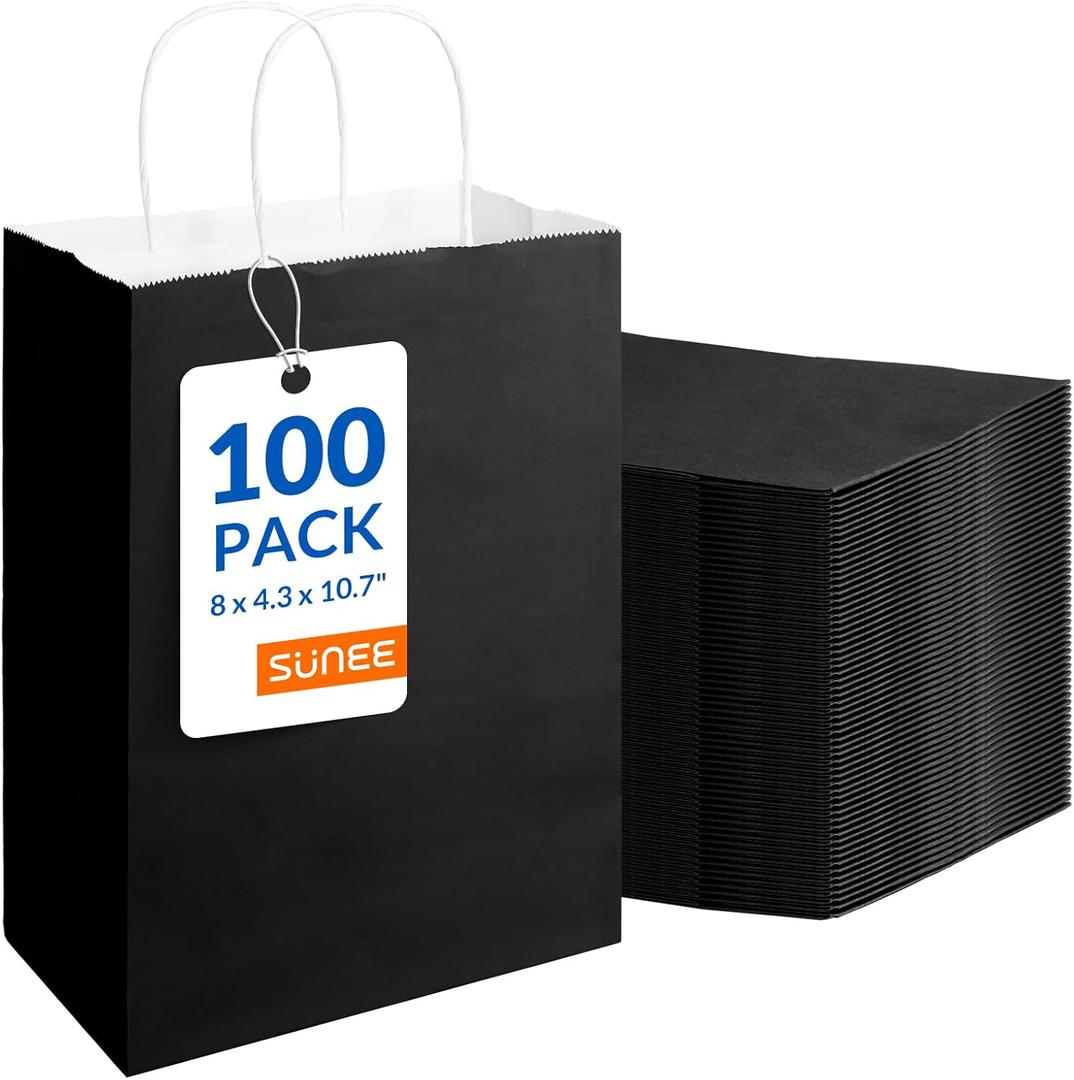 SUNEE Gift Bags with Handles 8x4.3x10.7, 100 Pcs Paper Bags Medium Size Bulk for Gift Wrapping, Retail, Party Favors and Small Business - Black
