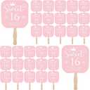 Geelin 25 Pcs Sweet 16 Birthday Party Favors for Guests Pink 16 Handheld Fans Thank You Paper Fans with Wooden Handle for Sweet 16 Birthday Gift Souvenir Themed Party Decorations