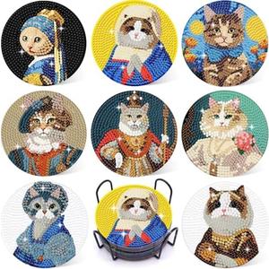 Puraikcmi 8PCs Diamond Paintings Coasters Kits Set, Funny Cat Diamond Art Coasters with Holder, DIY Crafts Diamond Art Kits Adult Craft Diamond Dots Gift