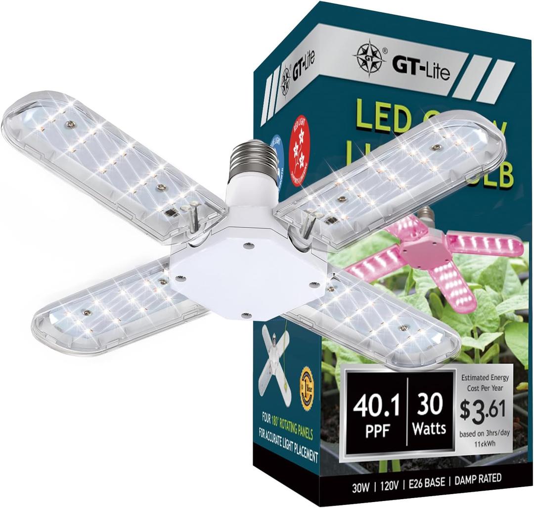 GT-Lite LED 4 Panel Folding Grow Light Bulb with 40.1 PPF, 30 Watt Adjustable LED Grow Light for Indoor Plants,E26 Base