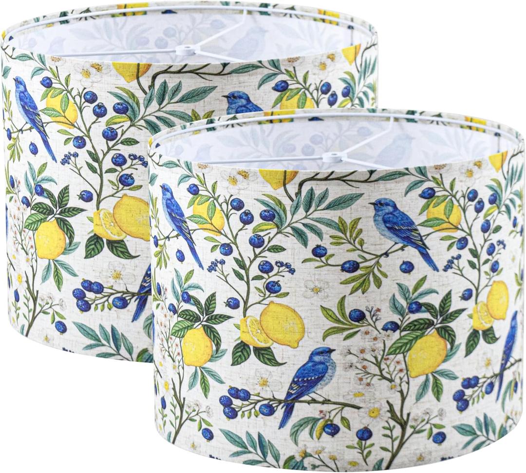 YUNLIAN Medium Lamp Shades Set of 2,Fabric Plant Pattern Drum Shade for Floor Lamp Replacement,Table,Animal Shade.Living Room,13 "Top x 13" Bottom x 10 "High,Round Lampshade",Need To Assemble