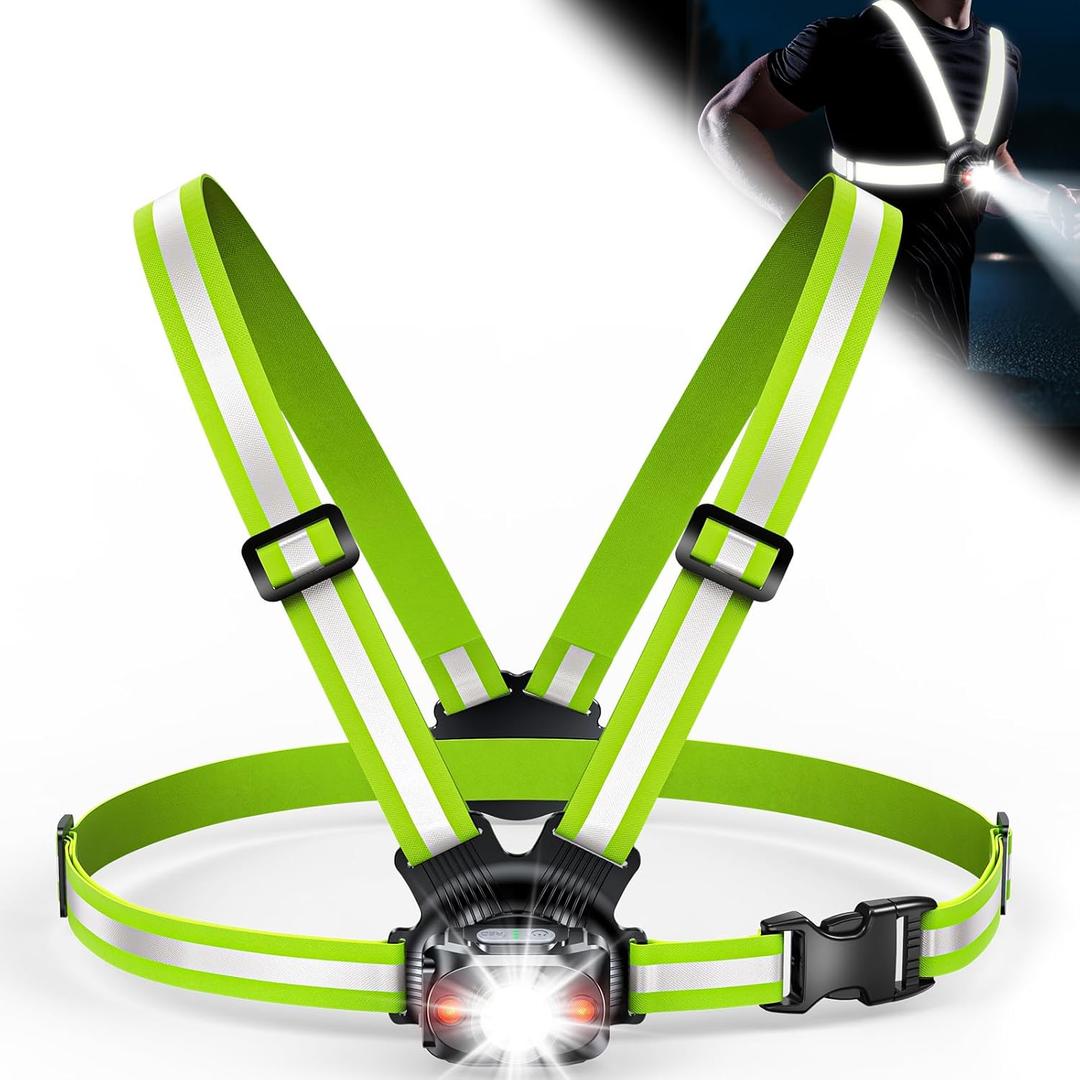 Running Lights for Runners, 500 Lumens 45 Adjustable Running Light with Dual-Reflective Straps, IPX4 Waterproof & USB Rechargeable Chest Light Vest for Night Walking/Cycling/Jogging