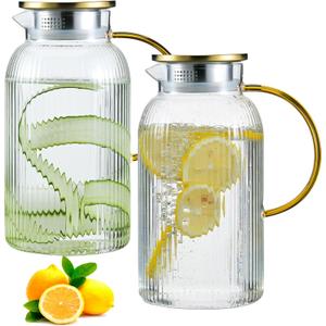 2 PACK Glass Pitcher with Lid and Handle,68 oz/ 2 Liter Vertical Stripes Water Pitcher,Glass Water Carafe for Fridge,Hand Blown Heat Resistant Borosilicate Water Jug for Hot/Cold Drinks
