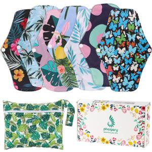 PHOGARY Reusable Menstrual Pads for Heavy Flow with Wet Bag, Sanitary Pads Set with Wings for Women, Washable Overnight Cloth Panty Liners (7 in 1, Style F)