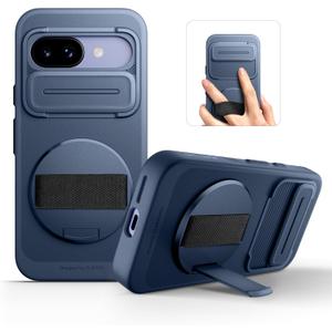 SURITCH for Google Pixel 9a Case with 360° Rotatable Hand Strap Phone Grip Holder & Invisible Kickstand & Slide Camera Cover, Slim Rugged Shockproof Protective Cover for Pixel 9a, Dark Blue