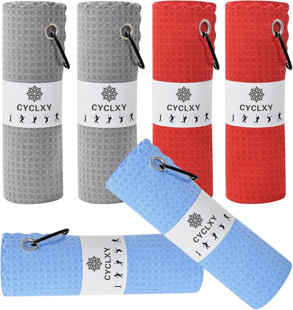 6 Pcs Golf Bag Towels,16" X 16",Microfiber Waffle Pattern for Golf Bags Towel for Men Women,Fishing Essentials Gifts with Carabiner Clip,Dish Cloth,Kitchen Clean Towels (Gray/Blue/Red)