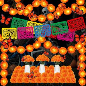 Marigold Garland for Decoration Artificial Marigold Flowers Butterfly for Day of The Dead Decorations Dia De Los Muertos Indian Diwali Altar Halloween Home Indoor Decor (45, Orange)