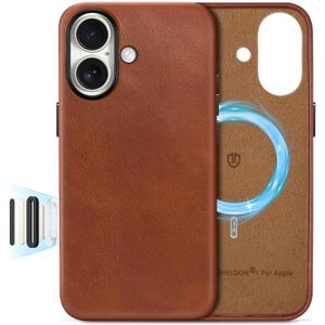 SHIELDON Genuine Leather Case for iPhone 17 6.3" 2025, Compatible with Magsafe, [Updated Camera Button], Magnetic Wireless Charging, Camera Bezel, Slim Fit Shockproof Protective Cover - Retro Brown