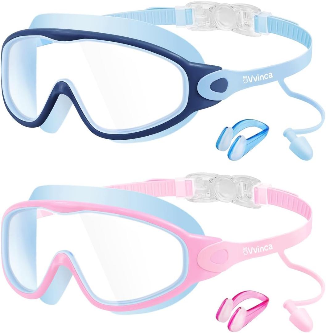 Vvinca Swim Goggles, Kids Goggles with Earplugs& Nose Clip Wide View Anti-Fog/UV Swimming Goggles for Age 3-15 Boys Girls