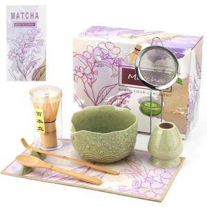Matcha Whisk Set, 8 Pcs Matcha Kit with Ceramic Japanese Matcha Bowl & Accessories Kit for Traditional Tea Ceremony, Home Use & Gifts for Matcha Lovers (Green)