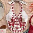 OYOANGLE Women's Floral Boho Summer Halter Crop Tops Embroidery Vacation Tank Top Tie Backless Vintage Going Out Tops,  XL