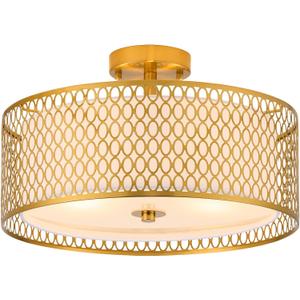 17" Semi Flush Mount Ceiling Light Fixture, 3-Light Gold Light Fixture, Close to Ceiling Light Fixture with White Fabric Lampshade and Gloden Iron Mesh Cage for Dining Room Living Room Bedroom