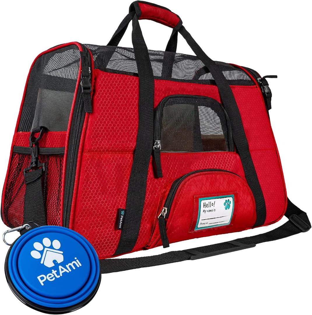 PetAmi Airline Approved Pet Carrier for Cats & Small Dogs, Soft Sided TSA Travel Carrier Bag with Sherpa Bed, Breathable Mesh Ventilation, Collapsible Bowl, Fits Under Seat, Up to 18 lbs, Large Red