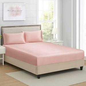 California King Silk Satin Fitted Sheet, Soft Deep Pocket Single Bottom Bed Sheets Sold Separately, Wrinkle Free, Non- Fading, Breathable, Fully Elasticized(Cal King Size, Blush)
