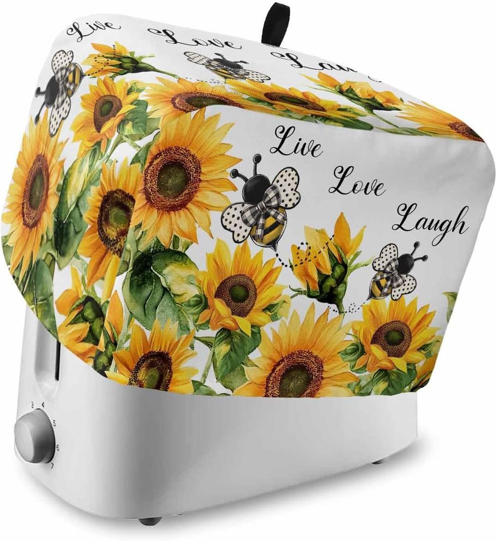 Farmhouse Toaster Cover 2 Slice with Pockets, Sunflower Cute Bee Yellow Floral Summer Rustic Dustproof Cover for Kitchen Small Appliances and Fingerprint Protection, Kitchen Bread Machine Protector