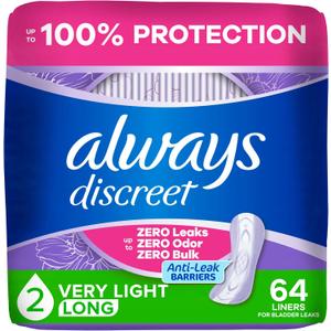 Always Discreet Incontinence Panty Liners for Women with Bladder Leaks, Size 2, Very Light Absorbency, Long Length, Up to 100% Bladder Leak Protection 64 CT