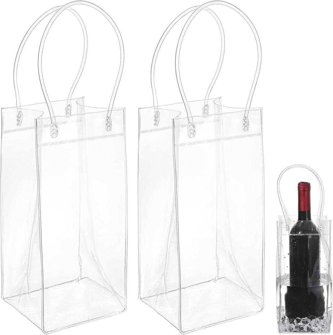 4.5X4.5X10 Inch Ice Wine Bag, 2 PCS Clear PVC Ice Wine Bag with Handle Portable ClearWine Pouch Clear PVC Gift Bags, Portable Foldable Wines Bottle Bags for Party, Outdoor, Cold Beer
