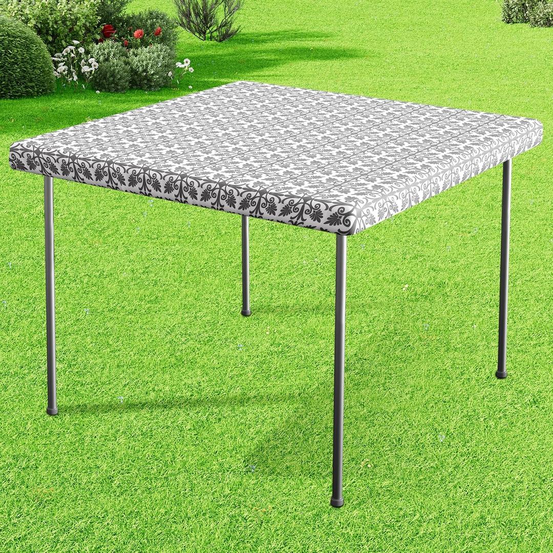 misaya Sqaure Vinyl Table Cloth, Elastic Fitted Flannel Backed Tablecloth, 100% Waterproof Plastic Table Cover Fits Folding Tables for Picnic, Camping, Outdoor (Grey, 34" x 34")