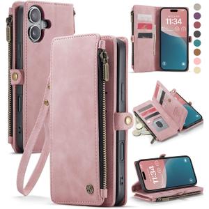 Defencase Compatible with iPhone 16 Plus Case Wallet with RFID Blocking Card Holder for Women Men, PU Leather Magnetic Snap Flip Zipper Strap Wallet Phone Case Fit for iPhone 16 Plus 6.7", Rose Pink