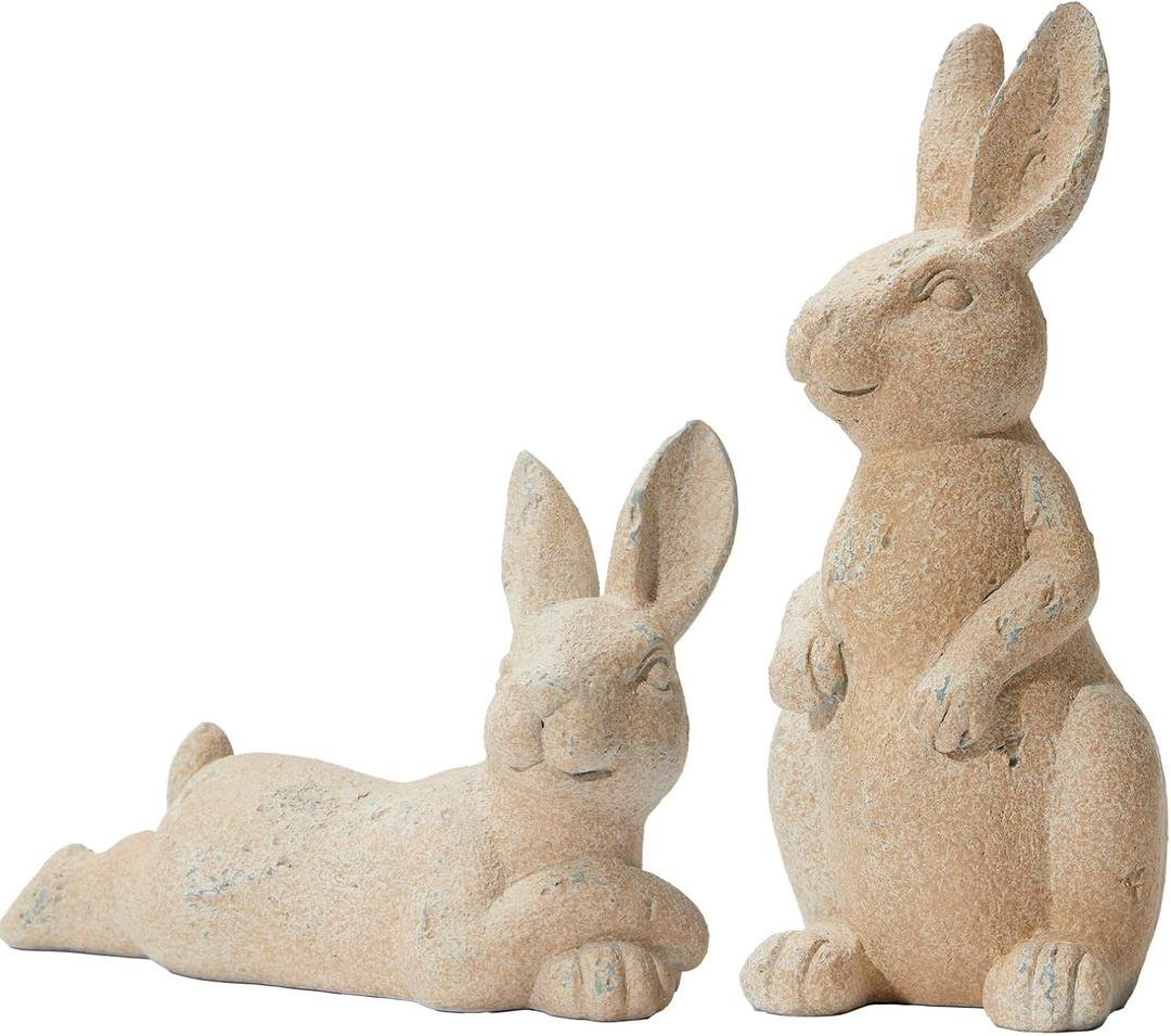 DN DECONATION Easter Decorations Bunny Figurines Set, Vintage Rabbit Statues for Easter Beige Decor & Farmhouse Home Decor, Resin Tabletop Sculptures with Stone Texture for Shelf Mantel Coffee Table