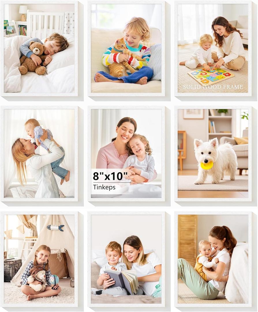 8x10 Picture Frames Set of 9 - Solid Wood Core, Not Plastic - Scratch Resistant White Wood Grain Finish