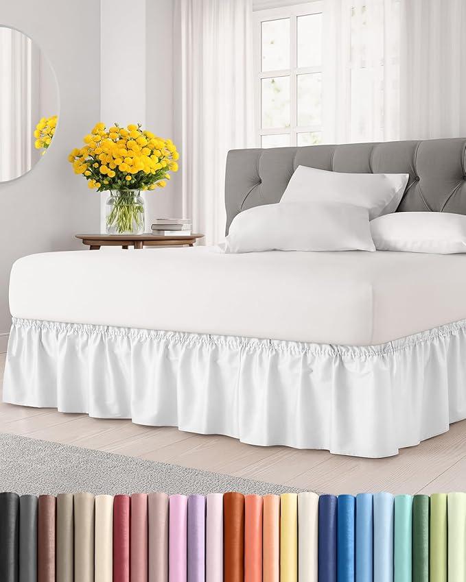 Wrap Around Dust Ruffle Bed Skirt  White  for Queen Size Beds with 12 Inch Drop  Easy Fit Elastic Strap  Adjustable Pleated Bedskirt w/Brushed Fabric  Wrinkle Free  for Women, Men, Kids & Teens