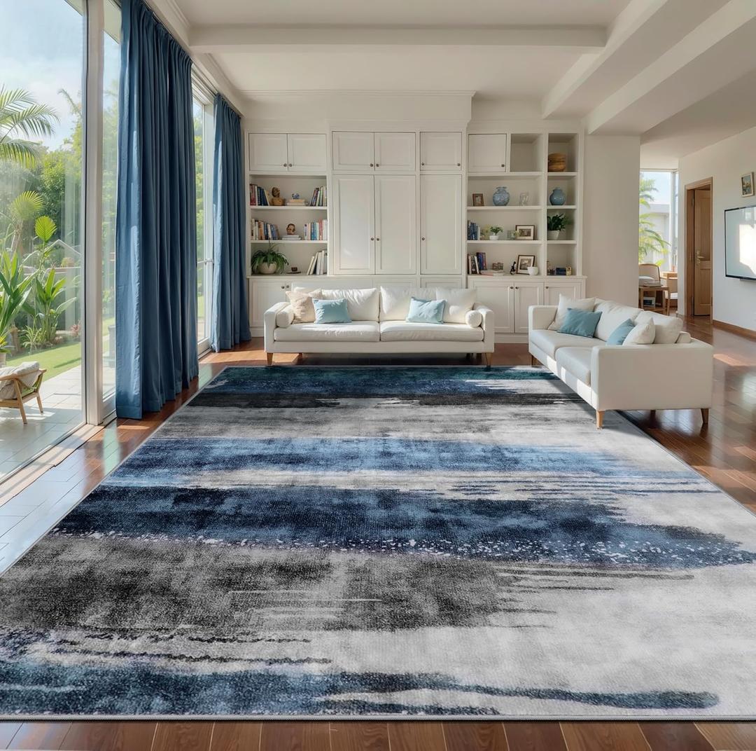 Ciicool Modern Abstract Deep Blue Gray Rug for Living Room, 9'x12' Machine Washable Area Rug Non-Slip Rug, Low-Pile Contemporary Indoor Dining Floor Carpet for Bedroom Office Under Table Home Decor