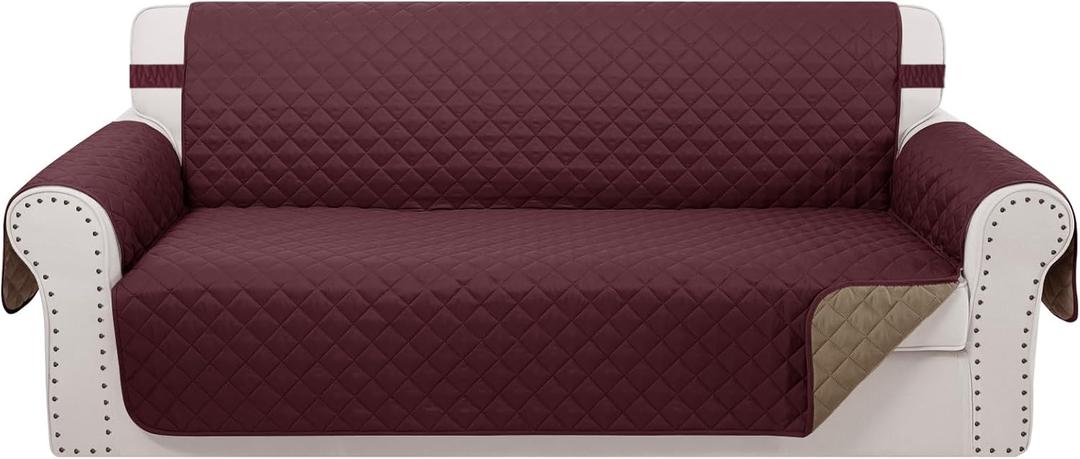 Reversible Sofa Covers Couch Cover Furniture Protector for Dogs Elastic Straps Water Resistant(Sofa,Burgundy/Camel)