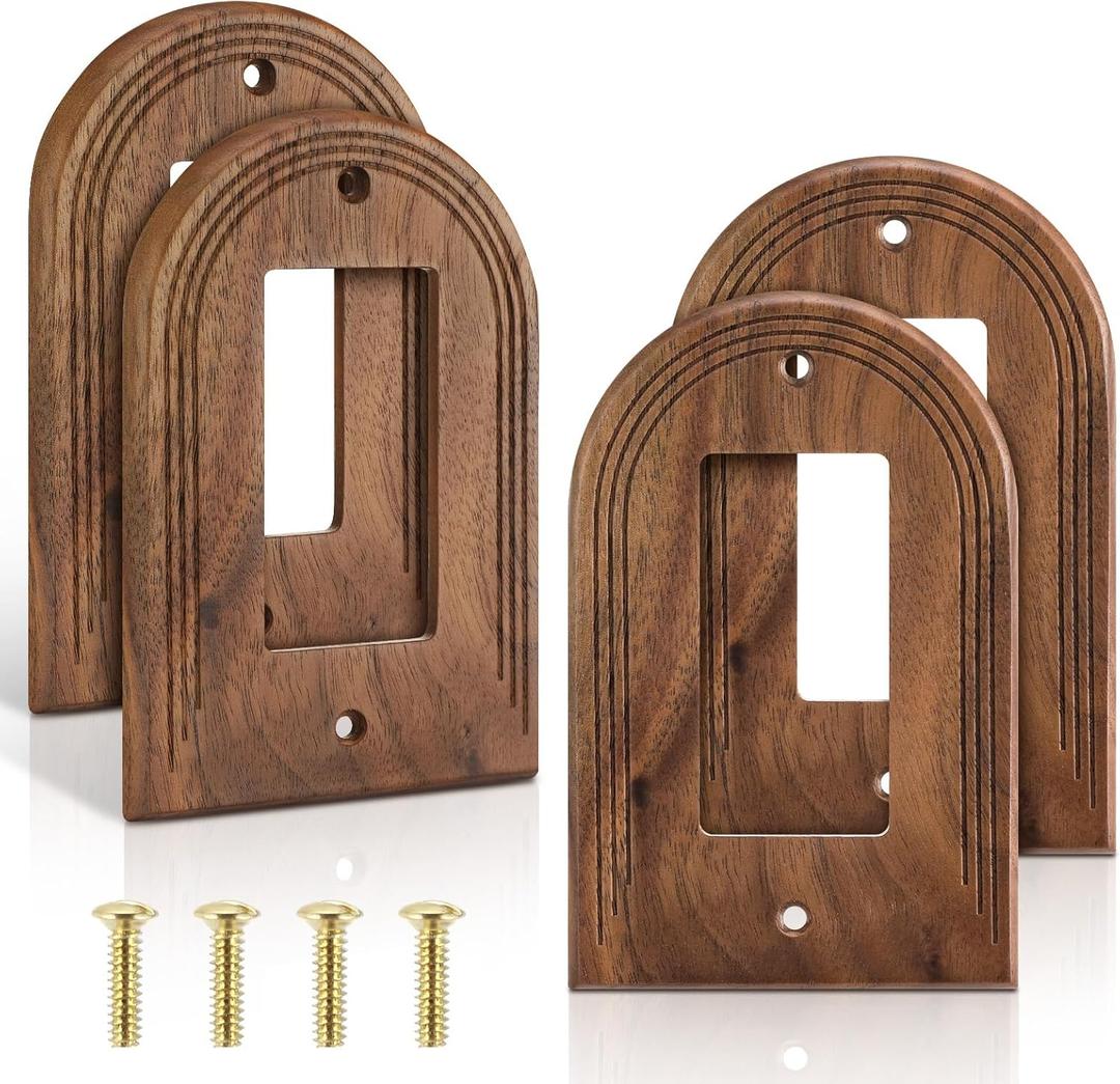 DoubleFill 4 Pcs Walnut Wood Light Switch Cover Brown Outlet Covers Wall Plate Decorative Boho Plug Plate Vintage Rustic Contemporary Interior Room Home Decor (13 * 8.2cm,Arch Single Decorator)