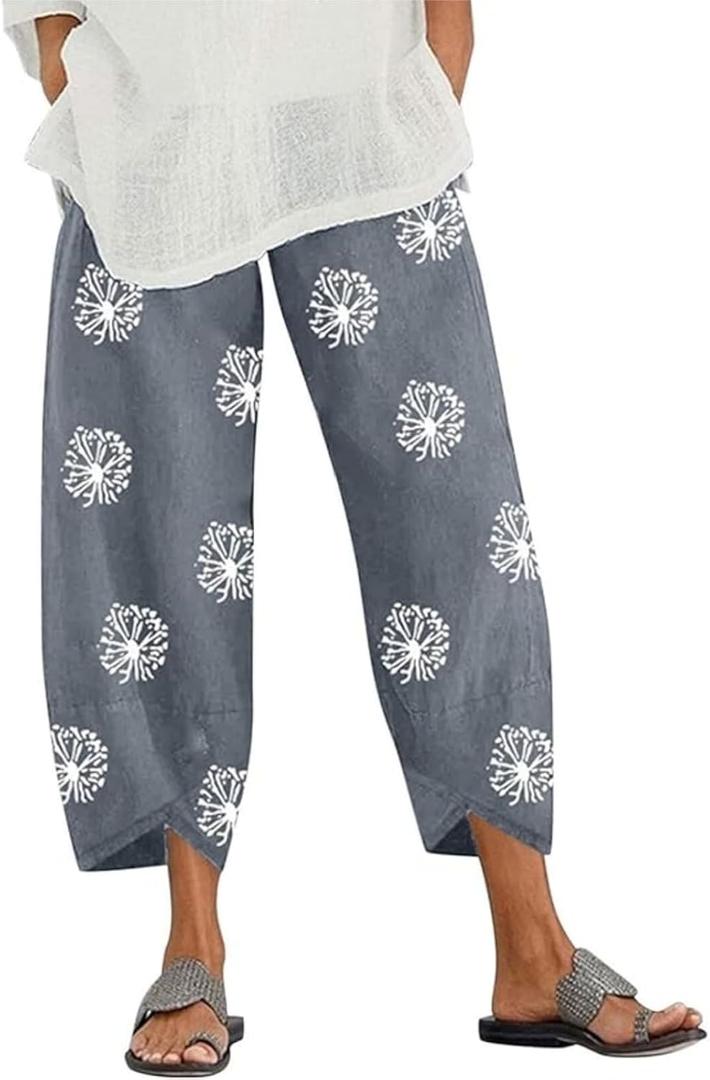 Linen Capri Pants for Womens Casual Cotton Cropped Elastic Waist Lounge Baggy Palazzo Trousers with Pockets L