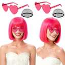 2 Pack Hot Pink Neon Bob Wig with Heart Sunglasses for Women, Colorful Short Bob Wigs with Bangs Synthetic Hair for Cosplay Music Festival Bachelorette Party Fancy Dress Photography