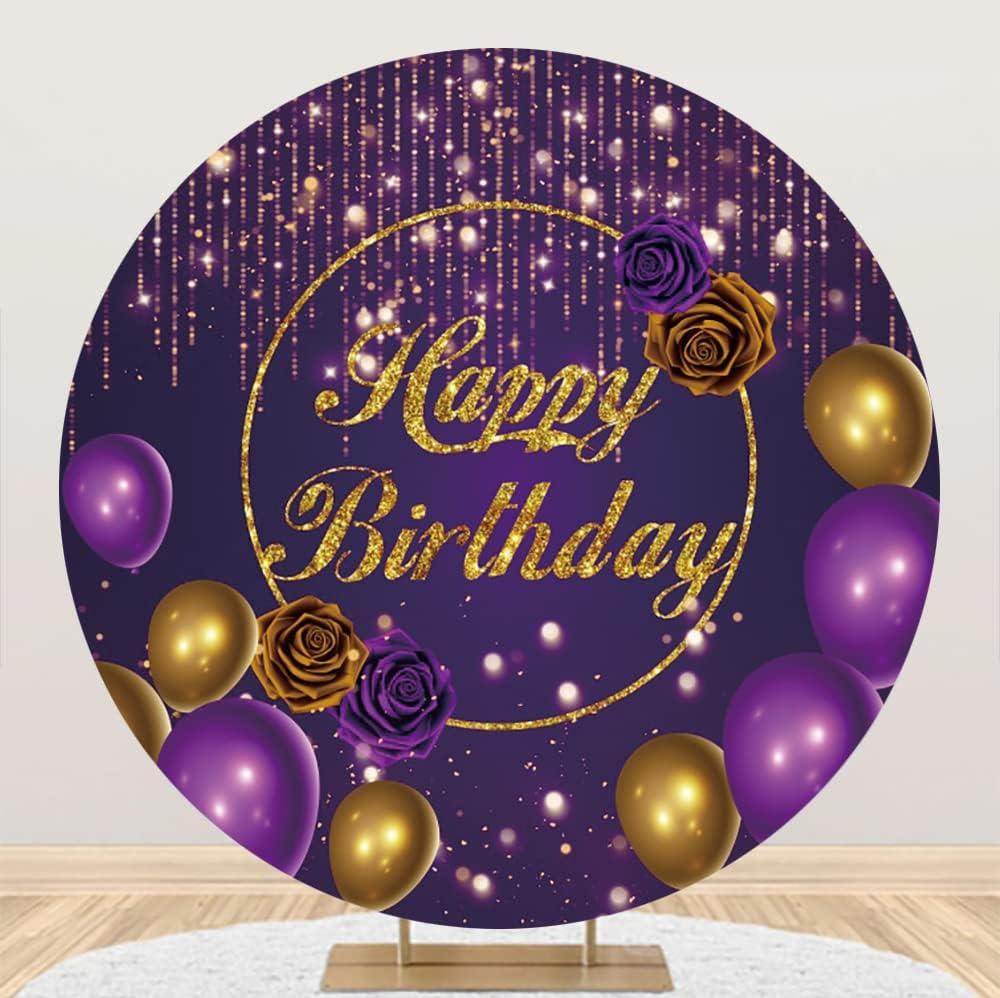 Renaiss 7.2x7.2ft Violet Happy Birthday Round Backdrop Cover Glittering Bokeh Gold Purple Birthday Circle Photography Background Balloons Rose Flower Birthday Party Decors Bday Arch Photo Booth Props
