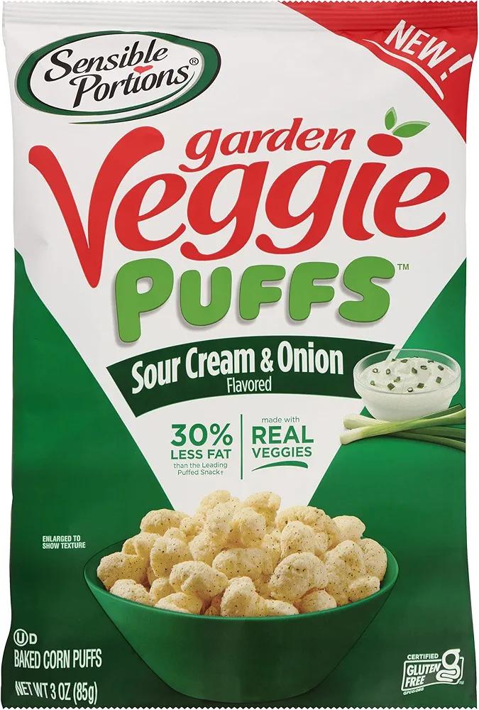 Sensible Portions Garden Veggie Sour Cream & Onion Flavored Baked Corn Puffs, 3 oz (Pack of 6) BB 4/13/26