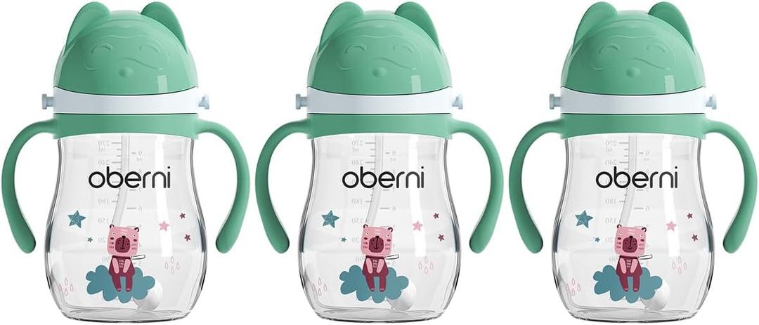 Oberni Tritan Sippy Cup, 270ml/9oz Baby Water Drinking Bottle with Removable Handle and Strap, Leak-Proof Training Cup for 12M+/1 Years+ Toddlers, Green/Pack of 3, 3.03 inches x 5.98 inches