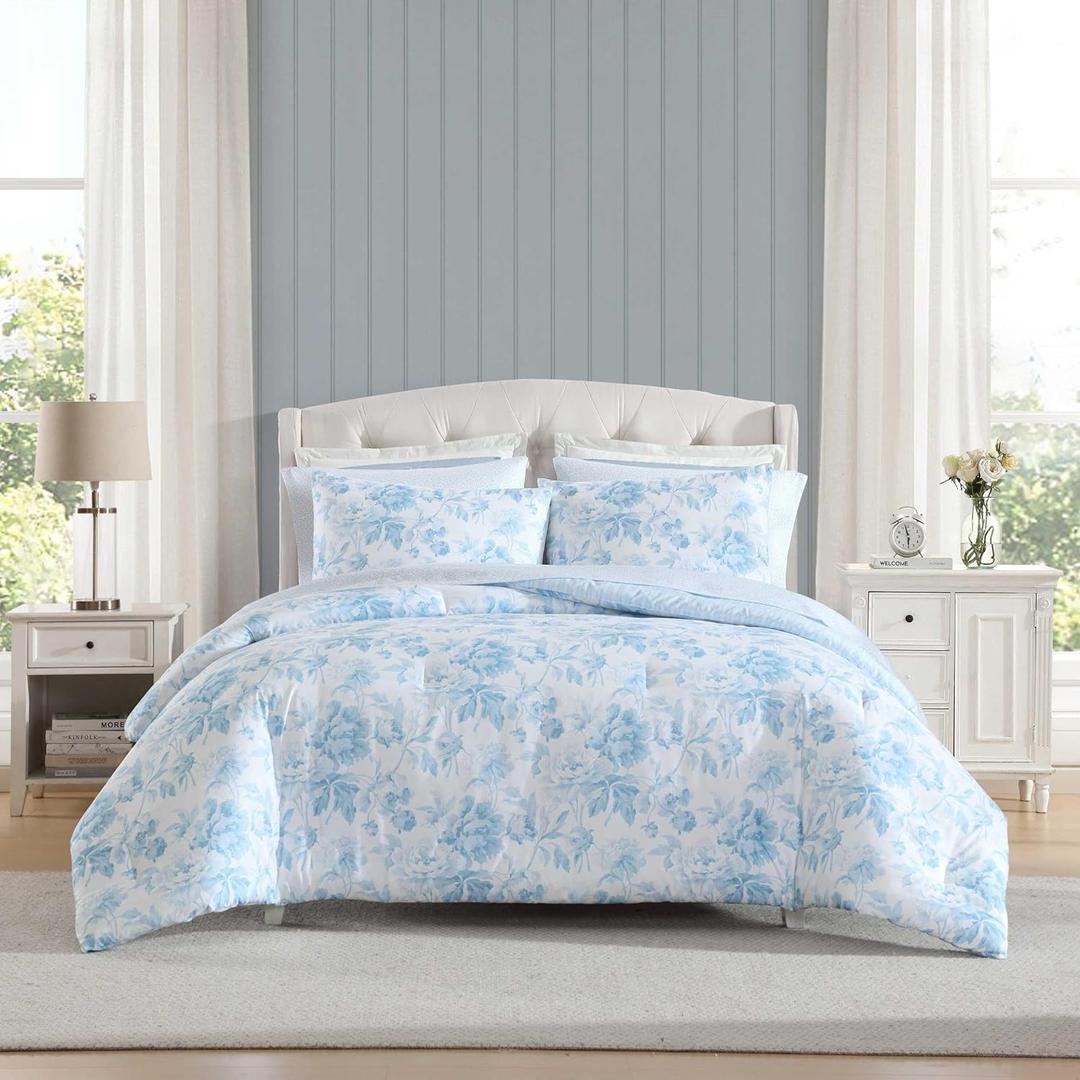 Laura Ashley - Queen Comforter Set, Bedding Set Includes Matching Bed Sheets, Shams & Pillowcases, Medium Weight, Oeko-TEX Certified (Anja Blue)
