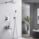 8 Inch Shower Faucet Set, Rainfall Shower System with High Pressure Handheld Shower Head, Bathroom Mixer Shower Set Wall Mounted Shower Faucet Rough-in Valve and Trim Kit, with Tub Spout