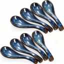 Cididu Set of 8 Asian Soup Spoon Ceramic, Blue Chinese Soup Spoons with Non-Slip Bottom, Retro Porcelain Japanese Pho Spoons for Ramen, Wonton, Noodle, Miso, Dumpling, Dishwasher Safe, 5.2" L