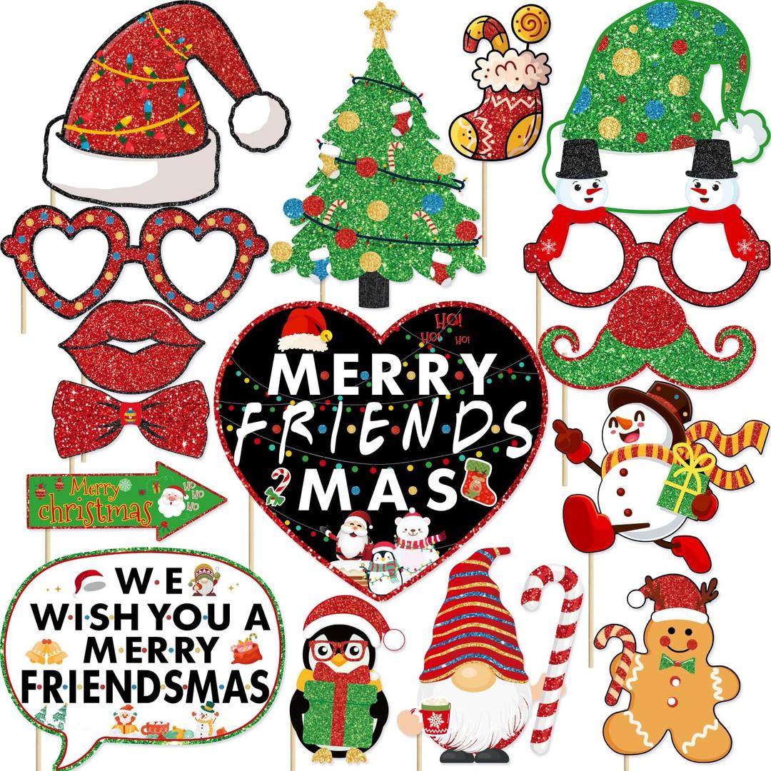Merry Friendsmas Christmas Party Decorations Photo Booth Props Friends Themed Christmas Photobooth Prop Kit for Home Office Xmas Santa Holiday Accessories Decorations Party Favors