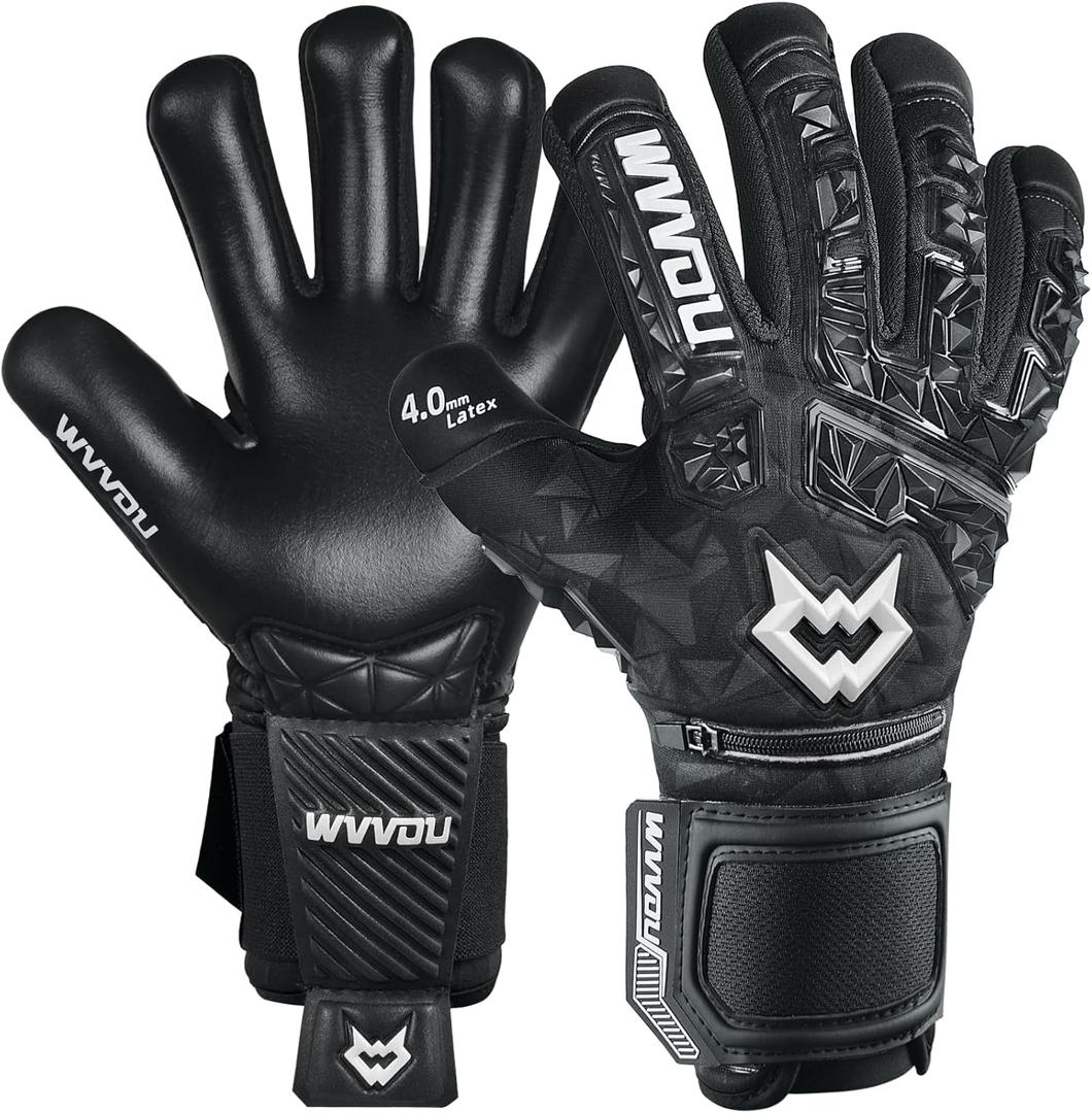 WVVOU Soccer Goalie Gloves for Adults and Youth, High Performance Goalkeeper Gloves with 5 Detachable Finger Saves, Soccer Gloves with 4mm Sticky Latex Palm (6, Black)