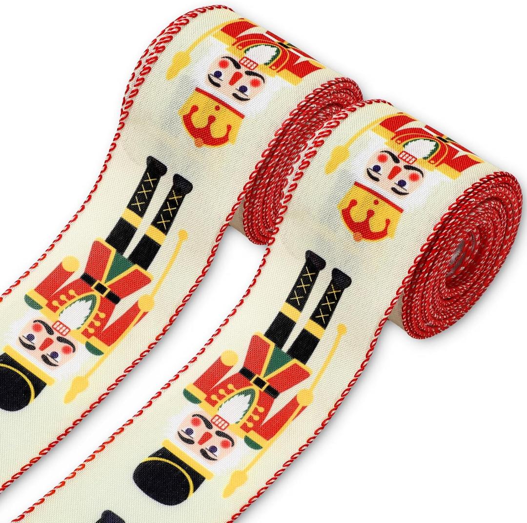 JarThenaAMCS Christmas Wired Edge Ribbons 20 Yard Nutcracker Wrapping Ribbon Xmas Decorative Fabric Ribbon for Wreath Bow Making DIY Crafts Supplies, 2 Rolls