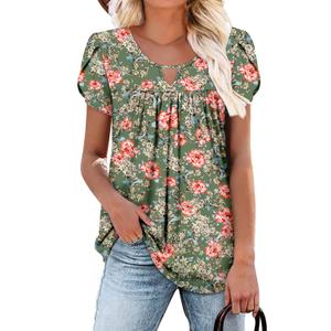 onlypuff Womens T Shirts Dressy Casual Pleated Tunic Boho Floral Blouse Fashion Summer Outfits Short Sleeve Tops Round Neck GreenOrange L