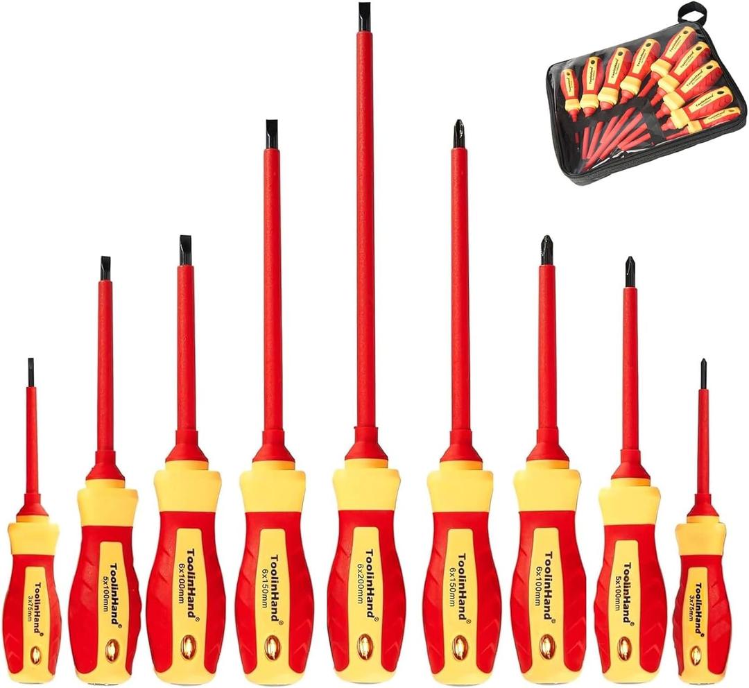9 PCS 1000V Insulated Electrical Screwdriver Set, 4 Phillips and 5 Slotted Screwdrivers, with Voltage Tester, CR-V Magnetic Tips, Professional Electrician Electrical Screwdriver Tool Set