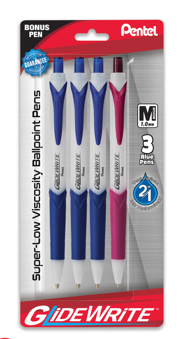 GlideWrite Ballpoint Pen with TechniFlo Ink, (1.0mm) Medium Line, Blue Ink, 4-Pk - Bulk