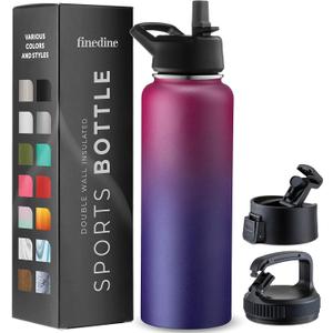 FineDine Water Bottle - Stainless Steel Insulated Water Bottle with Straw Lid, Flip Lid & Wide-Mouth Cap - Keeps Hot and Cold - 40 Oz / 1.18L - Dreamy Purple