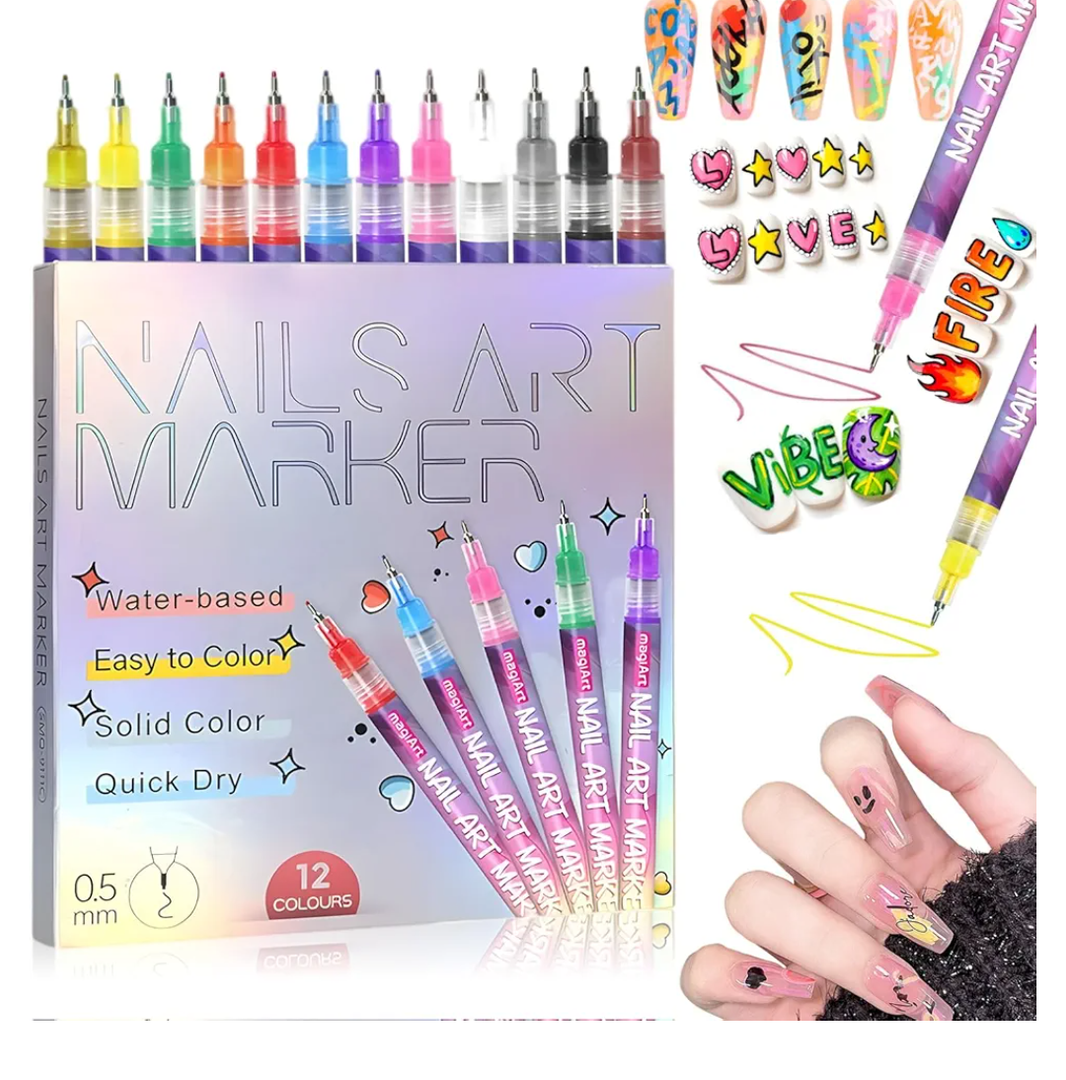 12 Colors Nail Art Pens Set,Fine Tips 3d Nail Art Pens 3d Quick-Dry 0.5mm Nail Polish Pens,Diy Nail Art Marker Graffiti Dotting Pen For Nails Art Design Manicure Nail Diy Decoration