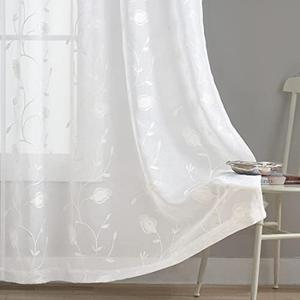 Sheer Curtains White 63 Inch Embroidered Floral, Rod Pocket Voile Drapes for Living room, Bedroom, Window Treatments Semi Crinkle Curtain Panels for Yard, Patio, Villa, Parlor, Set of 2, 52"x 63".