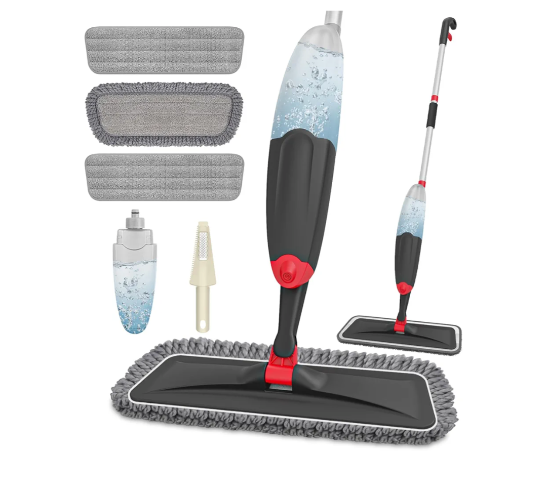 HOMTOYOU Microfiber Hardwood Floor Mop: Dust Spray Mops for Cleaning Wood Home Kitchen Floors - Wet Mopping & Dry Sweeping - 3 Reusable Refills & 1Pcs 400+ML Refillable Bottle