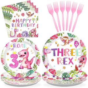 Grencian 96 Pcs Pink Dinosaur Birthday Decorations for 3rd Girls Dino Theme Party Supplies Disposable 3rd Dinosaur Party Tableware Set for three Year Old Girls Birthday Decor Serves 34