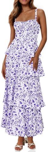 Fisoew Womens Floral Maxi Dresses Spaghetti Strap Casual Sleeveless Ruffle Flowy Tiered Dress, 29.5x38