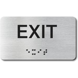 Exit Signs with Raised Text & Grade 2 Braille, Brushed Aluminum/Silver Finish Easy Install with Double-Sided Tape, ADA Compliant Exit Signs for Businesses & Offices